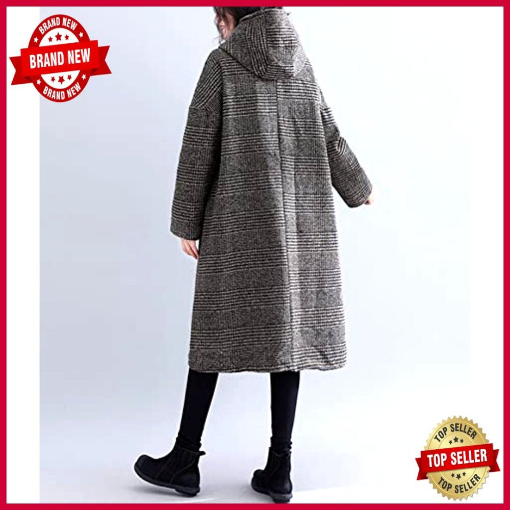 Vintage Houndstooth Plaid Wool Blend Long Coat with Hood Loose Fit - Picture 4 of 4